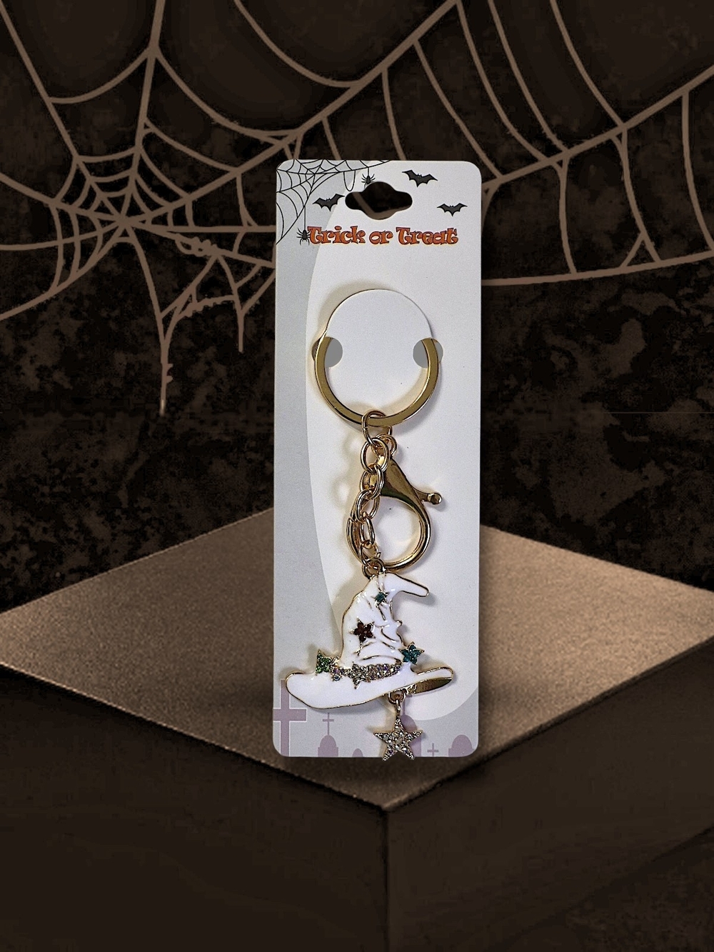 Halloween White Witch's Hat Bag Charm / Keychain with Star Charm